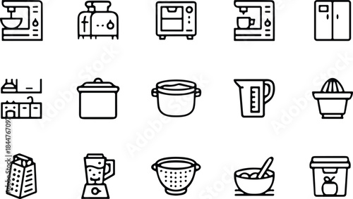 Set of kitchen appliance line icons, blender, coffee maker, toaster, oven, refrigerator, cooking, food preparation, and household tool symbol vector illustration.