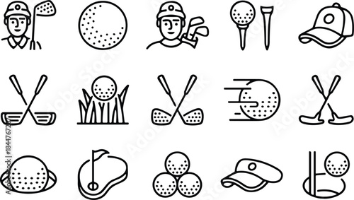 Set of golf line icons, ball, tee, club, player, cup, flag, and cap symbol collection, sport, game, competition vector illustration.