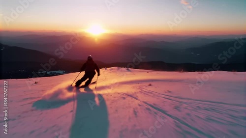 Skier descending snowy mountain slope at sunset winter sport adventure alpine landscape outdoor freedom travel concept