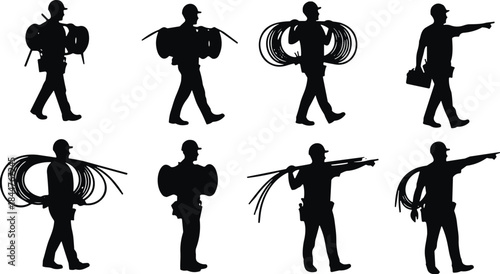 Electrician silhouettes carrying cable rolls, pointing, and working, telecom, wire installation, manual labor, maintenance, utility worker vector illustration clip art.