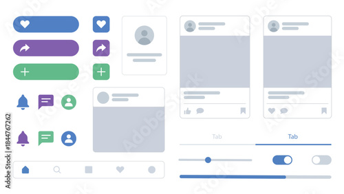 Mobile App and Social Media UI Vector Elements Set with Buttons, Tabs, Sliders, Toggles and Post Layouts, Modern Flat Interface Design Isolated on Transparent Vector Background