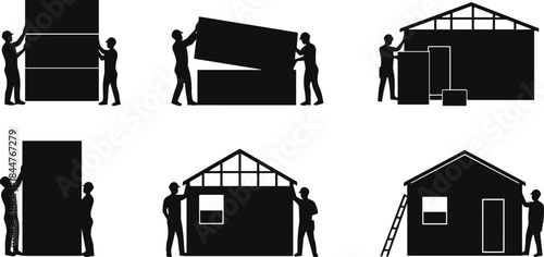 Construction workers team building house silhouette set, installation, assembling, home renovation, teamwork, manual labor, real estate vector illustration clip art.