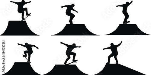 Dynamic skateboarder silhouettes performing tricks on ramps and half pipes, extreme sports, action, freestyle, youth culture, fun vector illustration clip art.