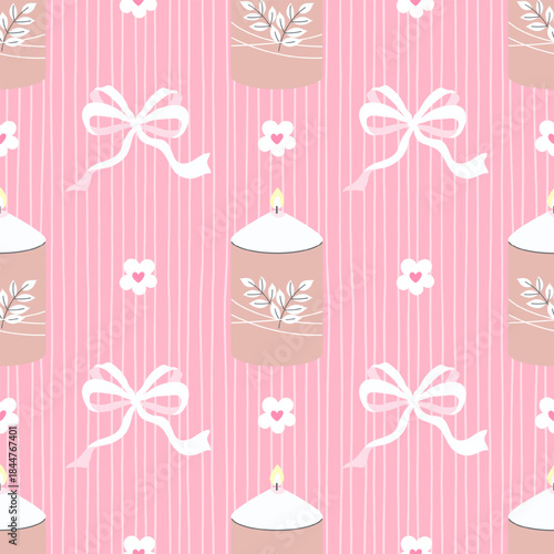 Lovely seamless pattern with candle, heart, flower on soft pink background. Ideal for Valentine decor, stationery and packaging