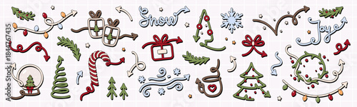 Cute, unusual and colorful set of Christmas and winter vector arrows in cartoon groovy style. Curvy, shaped and wavy design elements.