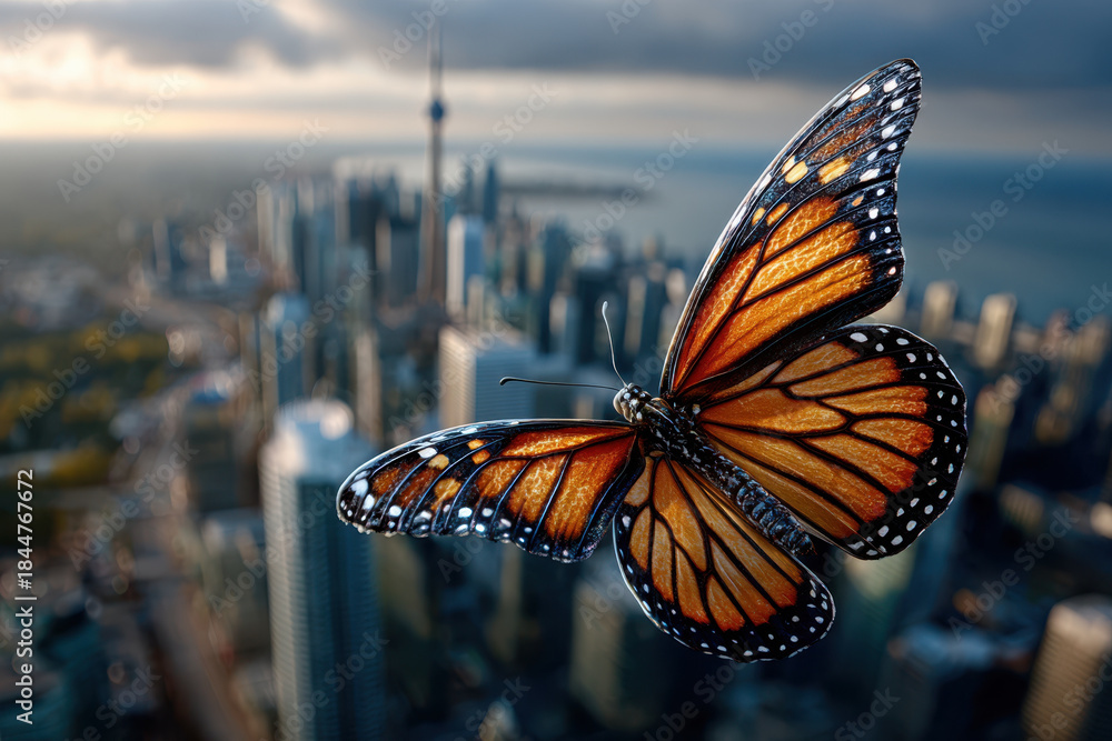 Naklejka premium Butterfly gracefully flies over a city skyline during late afternoon in Toronto