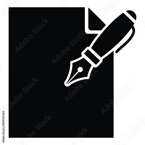 Minimalist icon depicting a fountain pen hovering over a document sheet, symbolizing writing