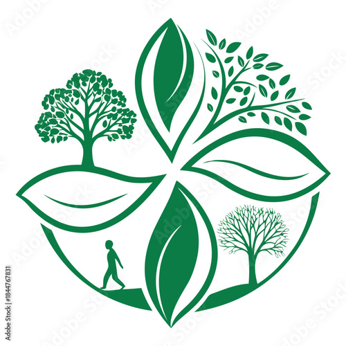 A stylized green emblem symbolizing nature's cycle and human harmony with the environment
