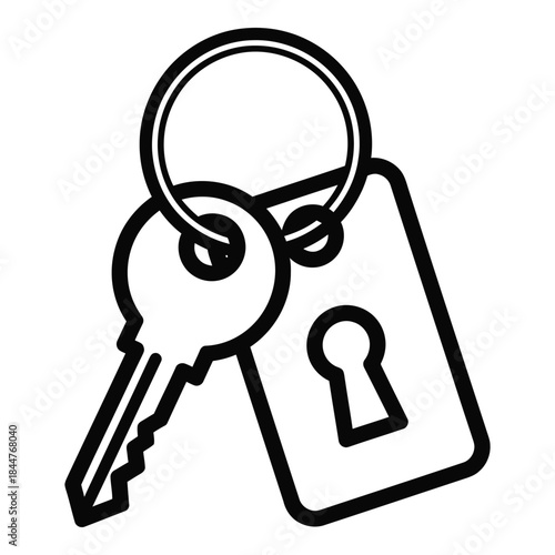 Key with keyhole tag on a keyring black outline icon illustration
