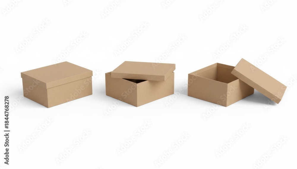 Fototapeta premium Three cardboard boxes in various states of being open displayed on a white surface