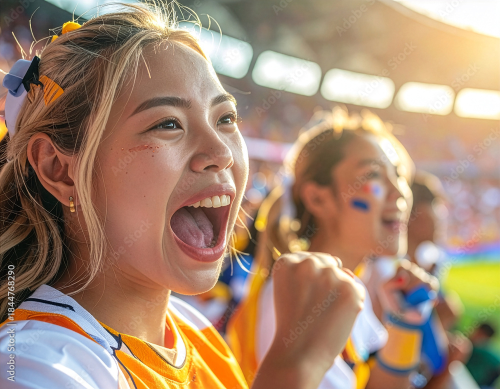 Fototapeta premium Excited fans cheer loudly in a sunlit stadium, fists raised in celebration. Dynamic motion and expressions show intense support for their team.