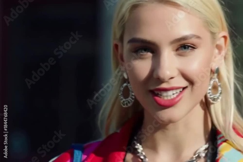 A young blonde. She is smiling, beautiful and cheerful, wearing earrings. She embodies the vibrant energy of 