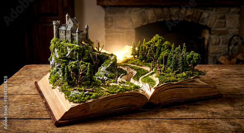 Open book with miniature fantasy castle and mossy forest on wooden table in cozy room.