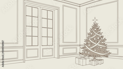 Christmas tree on a white background with a sketch drawing of a wood door facade frame