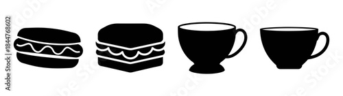A collection of four black silhouette icons representing sandwiches and coffee cups