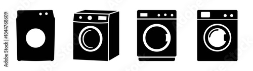 Four different washing machine black silhouette icons set on white background