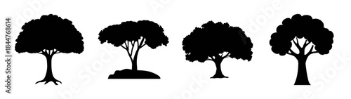 Four different black tree silhouettes vector illustration set against a white background