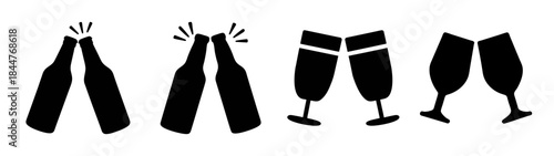 Icons of clinking beer bottles and champagne glasses for a celebratory toast