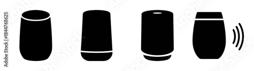 A set of four different smart speaker and voice assistant icons in black silhouette