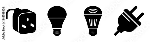 Icons illustrating common electrical plugs, adapters, and smart light bulbs for technology concepts.