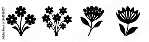 A set of simple black flower silhouettes on a white background