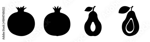 A row of four minimalist black fruit silhouettes including pomegranates and avocados on a white background