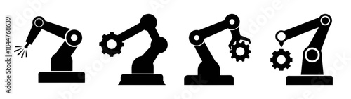 Industrial robot arm icons for manufacturing processes and automation