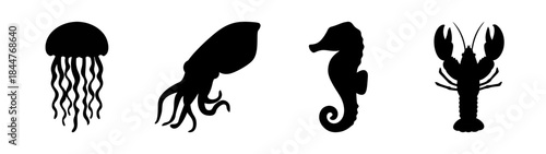 A set of black silhouettes featuring various sea creatures like jellyfish, squid, seahorse, and lobster