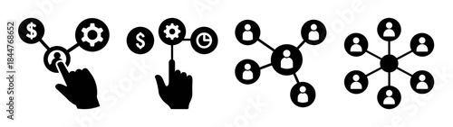 Conceptual icons depicting user interaction with network configuration and social connections