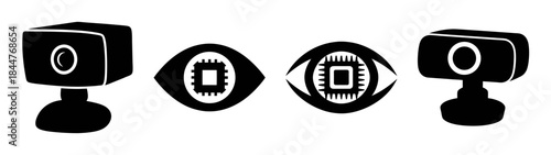 Icons illustrating digital surveillance, machine vision, and ai monitoring through webcams and technological eyes