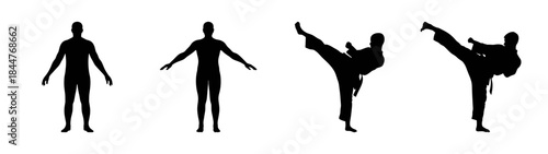 A progression of human silhouettes demonstrating a standing pose and a martial arts high kick