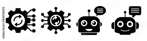 Black icons representing artificial intelligence, automation, and chatbot support systems