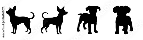 A collection of four black silhouettes representing different small dog breeds or puppies standing.