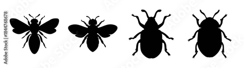 Set of four black silhouettes representing various insects like bees and beetles