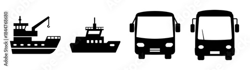 A collection of transportation icons featuring silhouettes of two ships and two buses against a white background