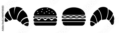 Black icons of fast food items including hamburgers and croissants against a white background.