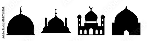 Collection of different black mosque silhouettes and dome icons on a white background