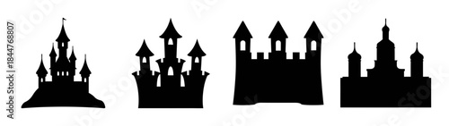 Four black silhouettes of castles representing different architectural styles