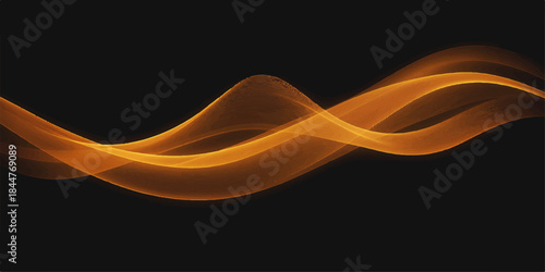Abstract black background with dynamic light curves, orange flame, and smoke vector line art flow pattern design. unique, fractal, lines, color, backdrop