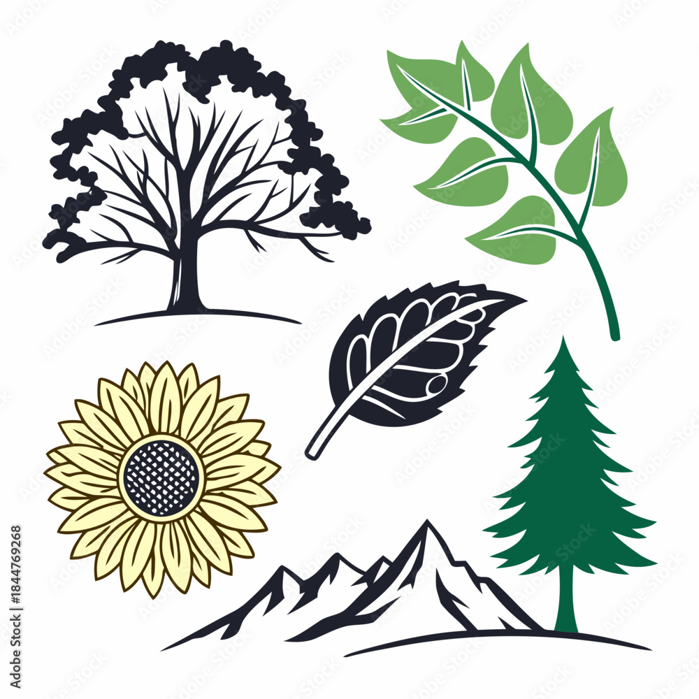 Fototapeta premium Nature element icons including trees, leaves, sunflower, and mountain silhouette set