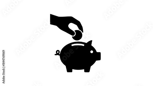 Hand dropping coin into piggy bank icon, simple black silhouette for savings and investment concept