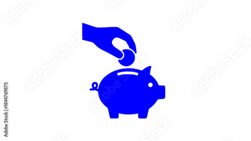Blue icon of a hand dropping a coin into a piggy bank, symbolizing savings and finance