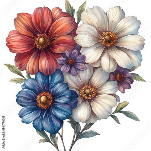 African Daisy Branch, watercolor clipart showcasing whimsical details and harmonious color flow, isolated on a white background.