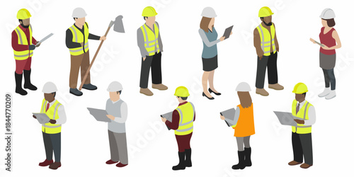 Diverse construction workers and professionals in safety gear isometric illustration