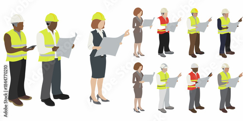 Construction workers and professionals reviewing blueprints and plans collaboratively