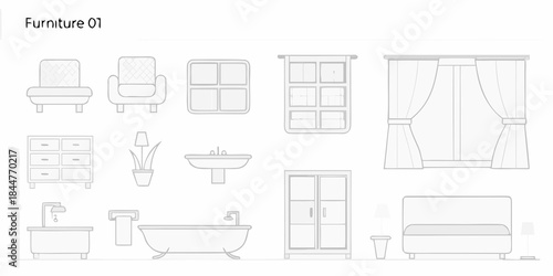 Line art illustration displaying various home furniture and interior elements