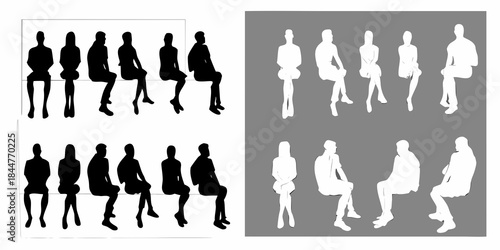 Silhouettes of people in various seated and standing poses presented in grayscale