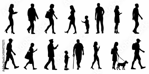 A collection of diverse black silhouette figures walking and interacting