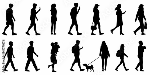 Diverse group of people walking silhouettes showing various activities and postures