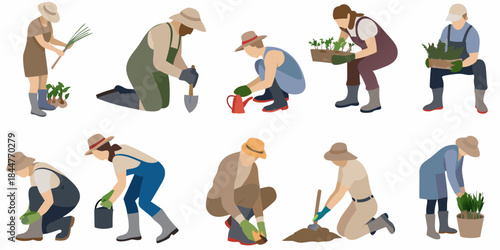 People gardening a collection of illustrated figures tending to plants and soil